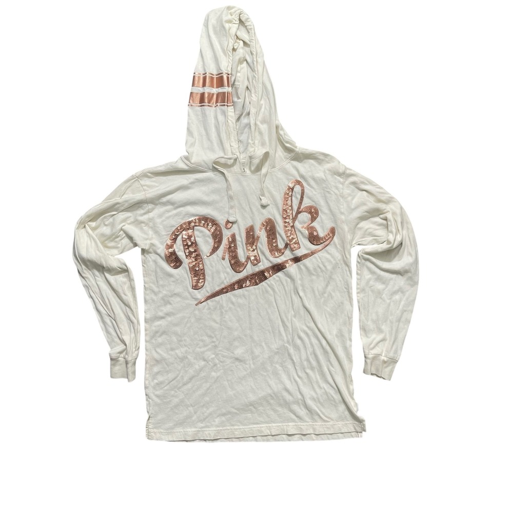 PINK Victoria's Secret Hoodie Long Sleeve Rose Gold‎ Graphic Top Small